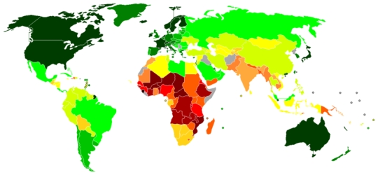 Мировая карта Индекса развития человеческого потенциала стран-членов ООН
