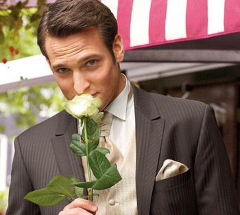 Мужчина в костюме держит белую розу в руках