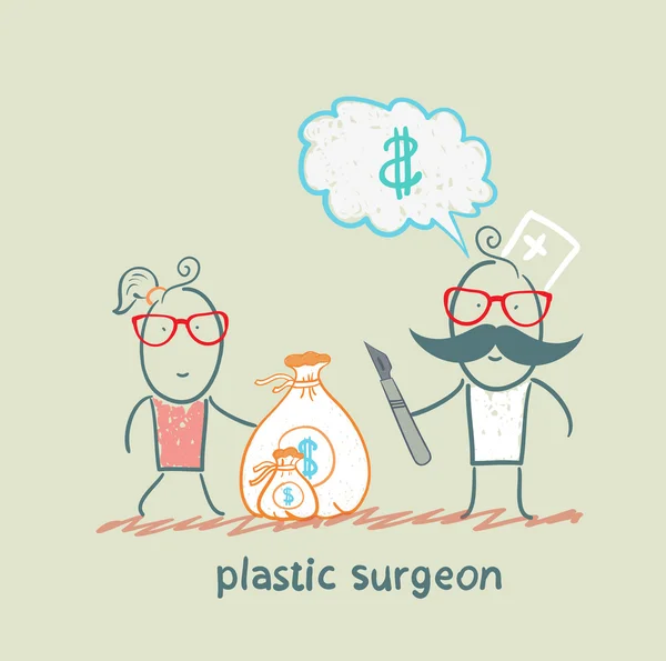 Пластический хирург думает о деньгах и берет мешок денег в пациента — стоковый вектор