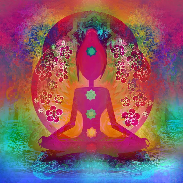 Поза лотоса йоги. padmasana с цветными пунктами chakra — стоковое фото