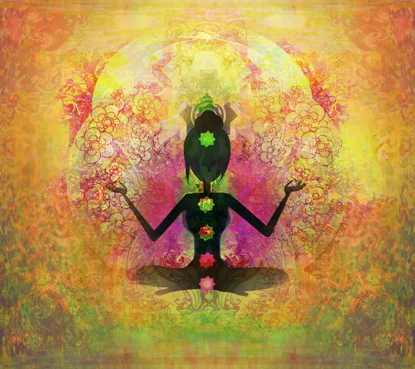 Поза лотоса йоги. padmasana с цветными пунктами chakra — стоковое фото