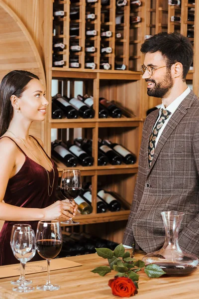 Happy Elegant Couple Chatting Wine Storage — стоковое фото
