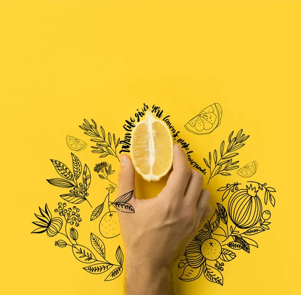 Man Holding Half Lemon Isolated Yellow Life Gives You Lemons — стоковое фото
