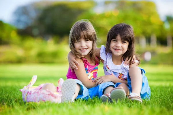 Две молодые, улыбаясь девушки обнимая в траве — стоковое фото